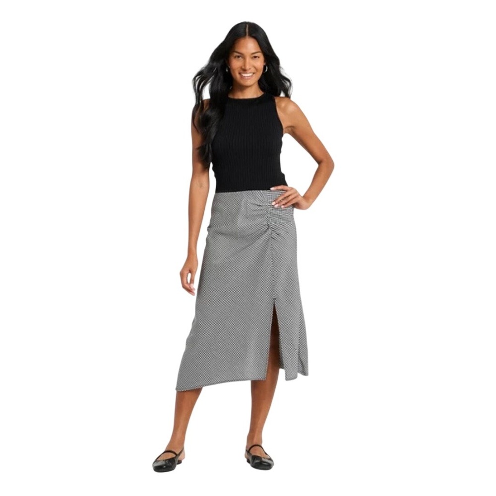 A New Day Women's Black Gingham Ruched Asymmetrical Midi Skirt Size XL